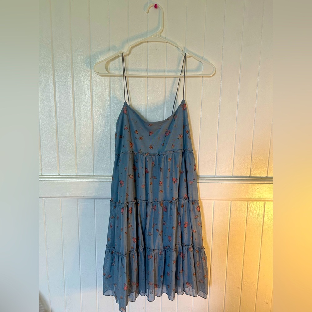 Baby Doll Styled Blue Floral Dress with Spaghetti Straps